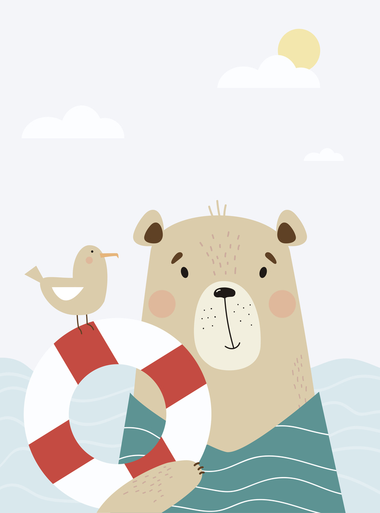 Cute bear on the sea with a seagull and a life buoy. Vector illustration. Cute animal poster for kids collection, postcards, design, print, decoration, bedroom, Childrens rooms and greeting cards