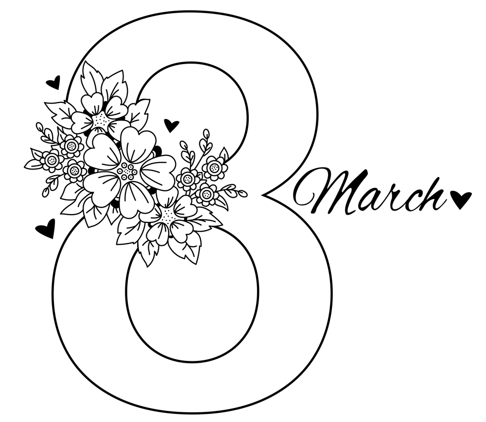 March 8. Holiday card for International Womens Day. Number eight, a bouquet of flowers, hearts and leaves. Vector. Decorative drawing, black line, outline