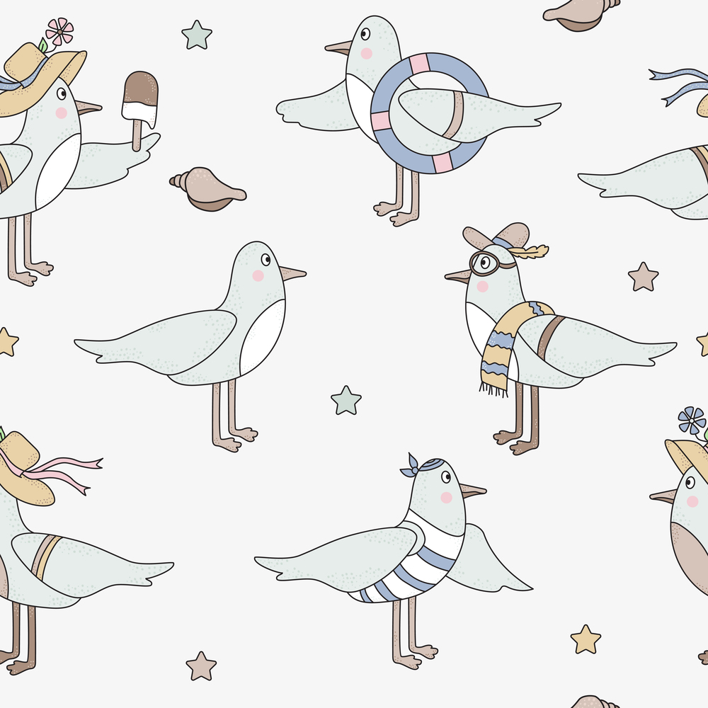 Seamless patterns with seabirds. Cute funny seagulls in beachwear on a light background. Vector. For design, decor, printing, packaging, textiles and wallpaper