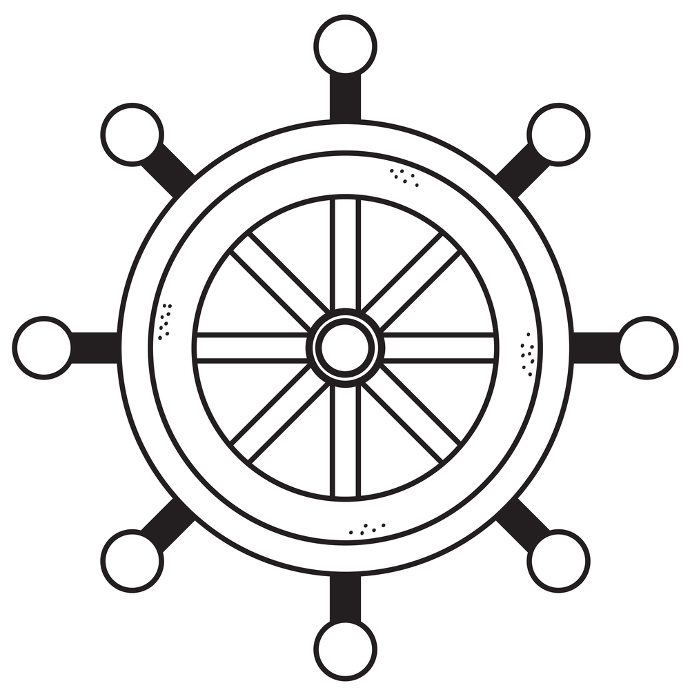 Steering wheel of the ship. The control element of the ship is the rudder. Vector. Line, outline