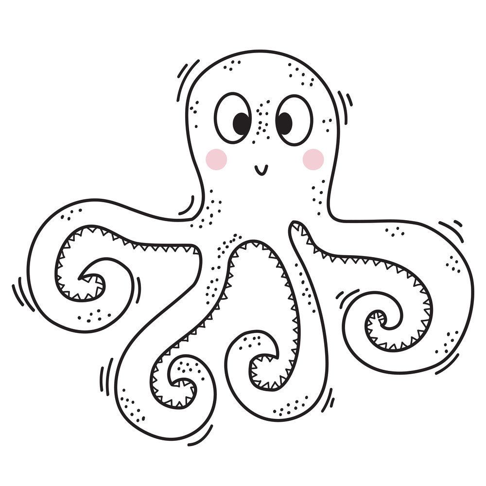 The sea animal is an octopus. Cute decorative underwater character with eyes and a smile. Vector illustration isolated on white background. Line, sketch, outline