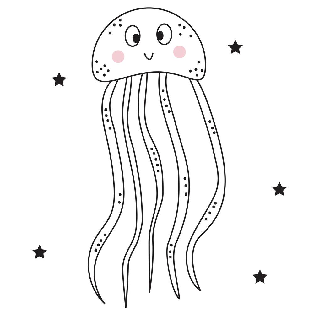 The marine animal is jellyfish. Decorative underwater character with eyes and a smile. Vector illustration on white background. Line, sketch, outline