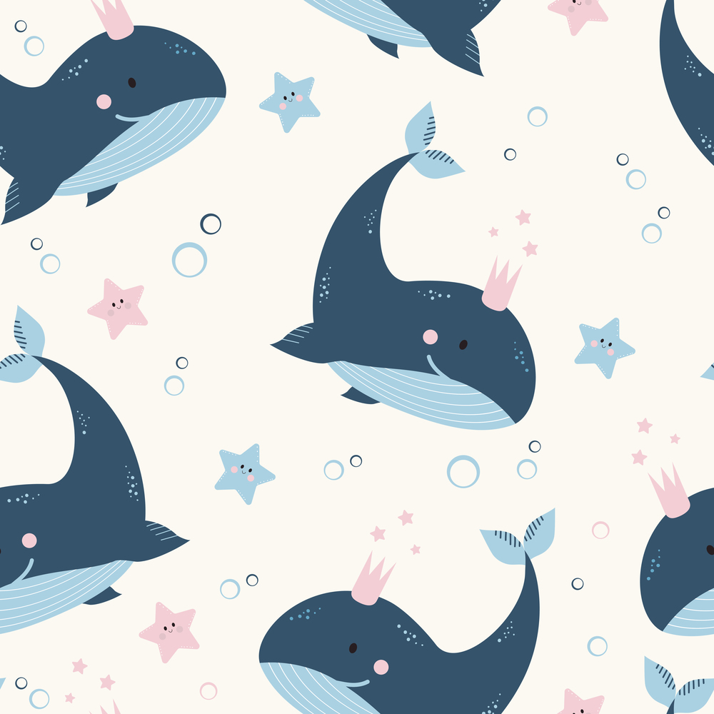 Seamless patterns with sea animals. Cute blue whales and starfishes on a light background. Vector. For design, decor, printing, packaging and wallpaper