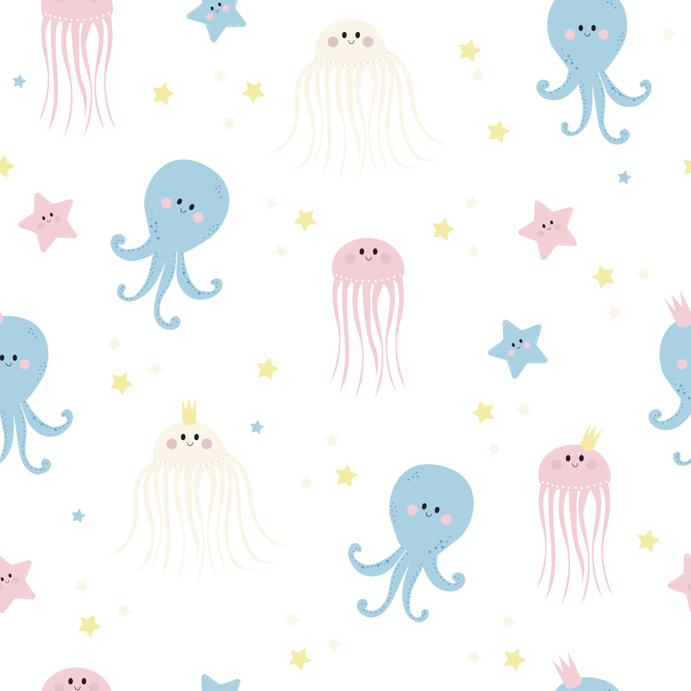 Seamless patterns with sea inhabitants. Cute starfishes, jellyfish and octopus on a white background. Vector. For design, decor, printing, packaging, textiles and wallpaper