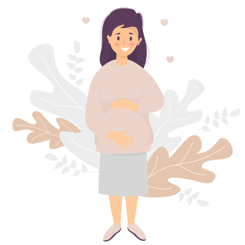 Motherhood. Happy pregnant woman in a pink sweater and blue skirt tenderly hugs her stomach with her hands. Vector illustration. Flat character design