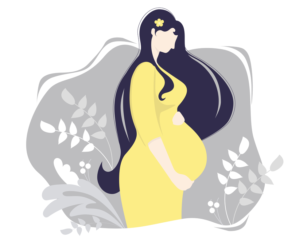 Motherhood. Happy pregnant woman in a yellow dress, hugging her belly with her hands tenderly, on a gray background with a decor of branches and plants. Vector illustration