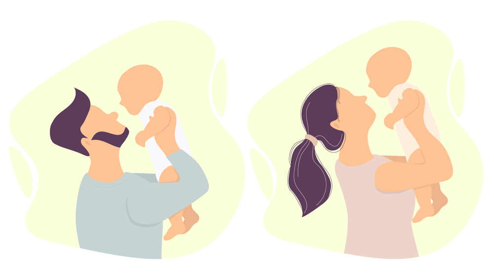 Happy parents with a baby. Man bewhiskered and woman are holding newborn son and daughter. Vector illustration. Set. flat illustration