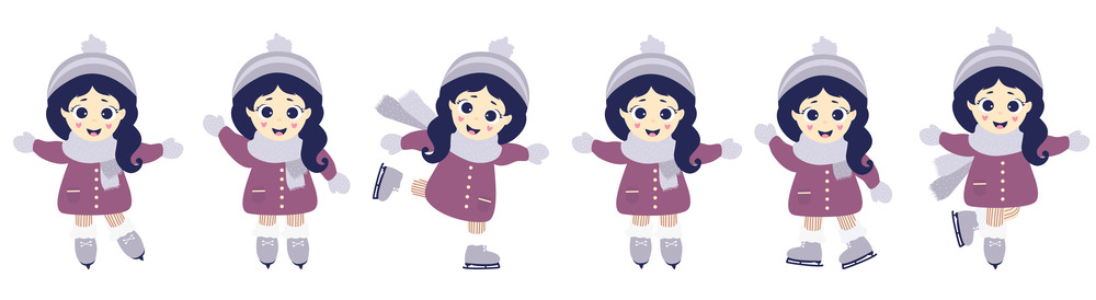 Winter sport and recreation. Cute girl ice skating in different poses. Vector illustration. Isolated over white background. Childrens collection. Flat design