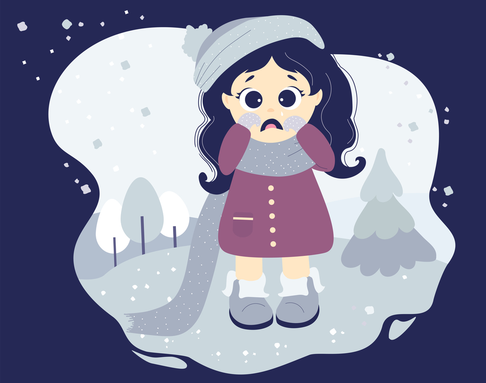 The girl is crying and upset, sad mood. Cute character in winter clothes - a hat, scarf, coat and boots on a decorative background with a winter landscape and snow. Vector. Kids collection