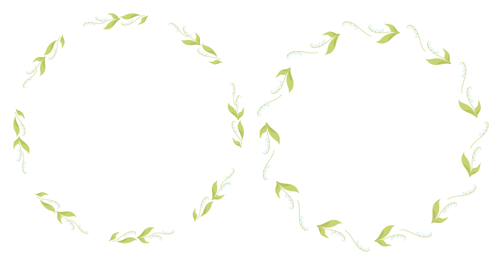 two Round frame with May lilies of the valley with leaves. Vector illustration. Spring card, decoration, napkin for design, postcards, decor and decoration, print
