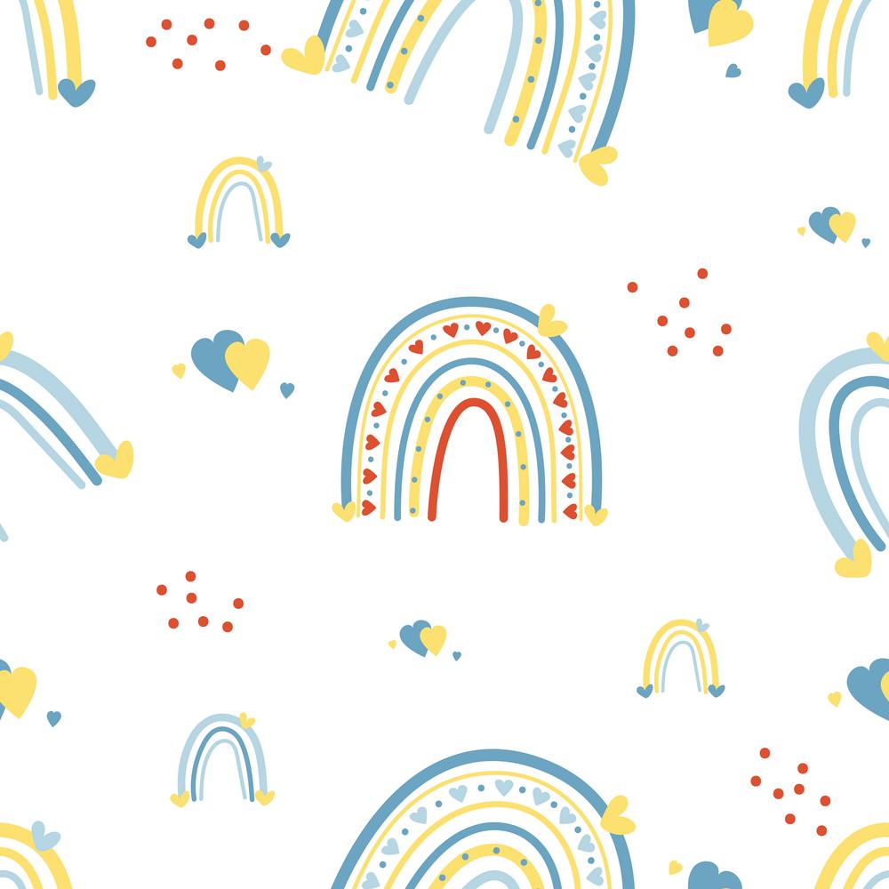 Seamless pattern with yellow-blue rainbow on white background with hearts. Vector illustration For design, decoration, packaging and decoration, wallpaper and print