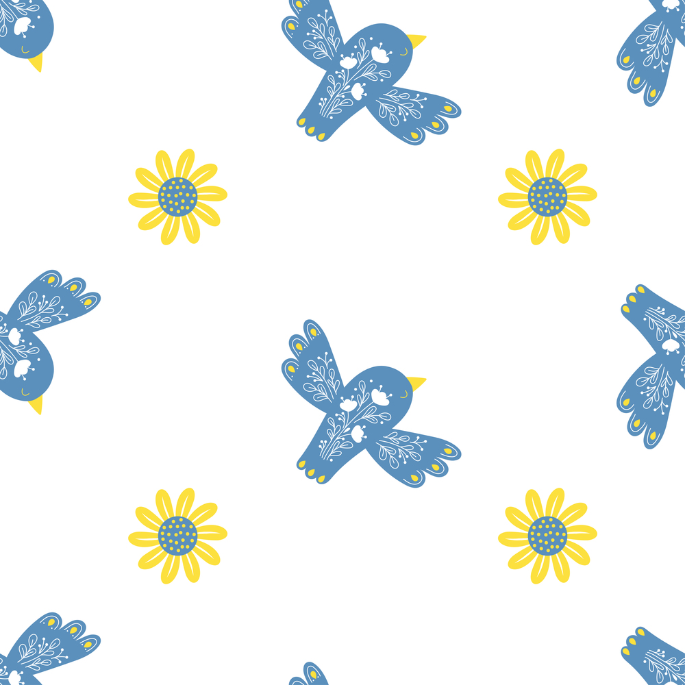 Decorative seamless pattern with beautiful blue bird and yellow flower on white background. Vector illustration for decor, design, wallpaper, decoration, packaging, textile and print