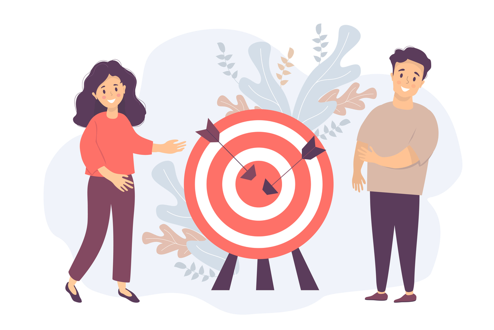 A man and a woman near a target with arrows in the center. Business concept - goal, teamwork and collaboration, result and success, target hit. Vector illustration
