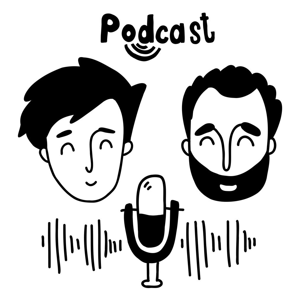 Podcast sketch concept. podcaster and guest in studio speaks into microphone. Vector illustration in hand drawn doodle style. Line drawing