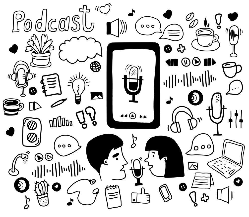Podcast sketch concept. Podcaster man and woman recording and speaking into microphone. Big Set of Vector Illustrations in Hand Drawn Doodle Style. Linear elements of podcast icons