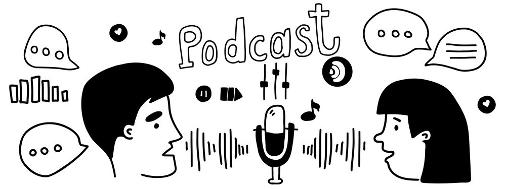 Podcast sketch concept. Podcaster man and woman recording in studio and speaking into microphone. Set of Vector illustrations in hand drawn doodle style. Line drawing podcast elements