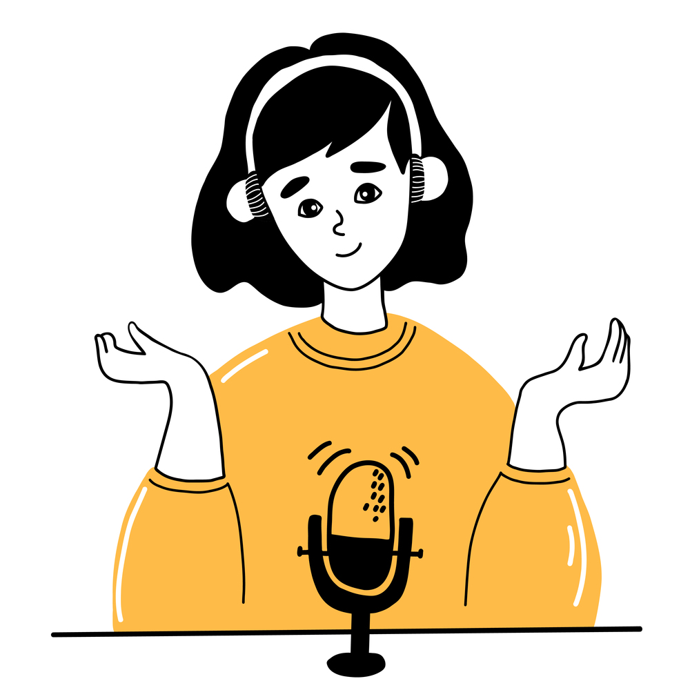 Podcast concept. Cute girl with haircut in headphones. podcaster speaks into microphone and records. Vector illustration in hand drawn doodle style. For thematic decoration, design and printing