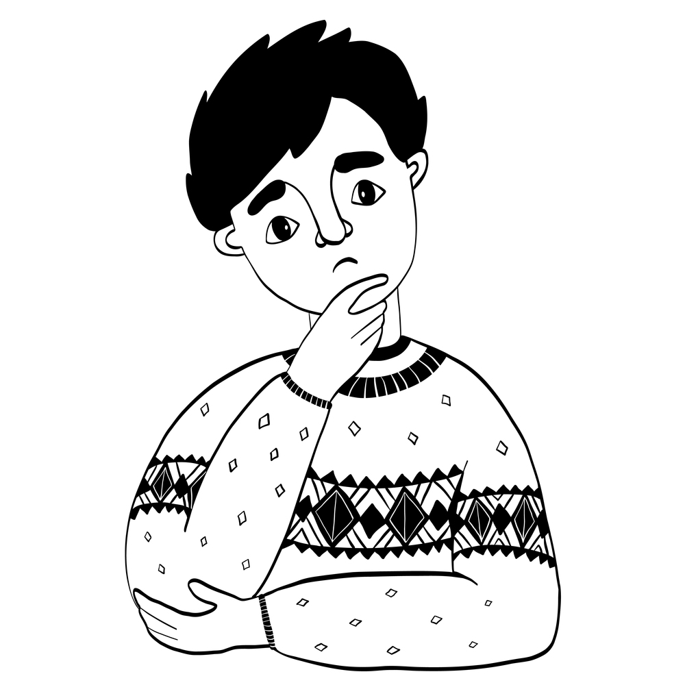 Portrait of Thoughtful cute man in a sweater. Pensive or thinking young man. Vector illustration. Linear decorative doodle, outline. Psychology concept, Doubt and thought. Isolated on white background
