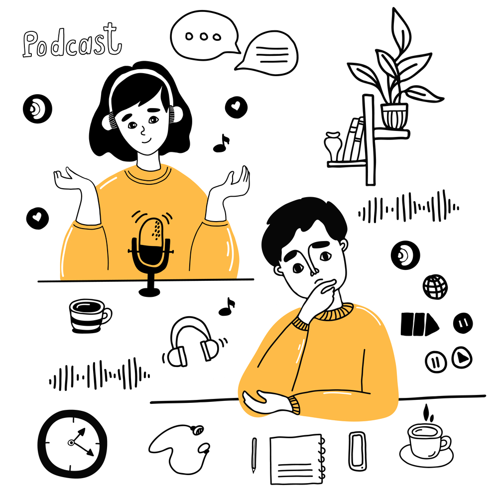 Podcast sketch concept. podcaster girl records and speaks into microphone, Replies to messages. man thinks and listens. Set of vector illustrations in hand drawn doodle style. Linear elements