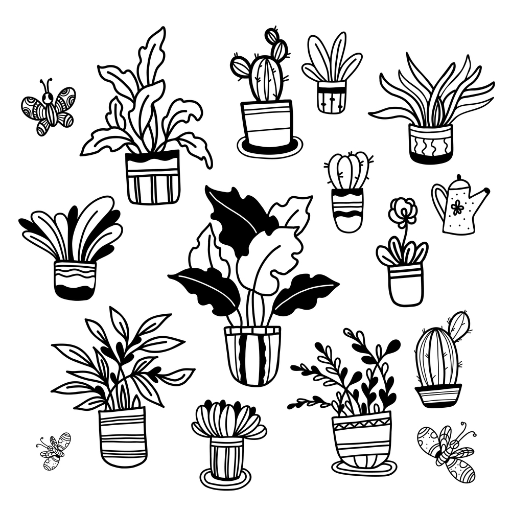 Big Set of hand drawn flower in pots illustrations, houseplants, cactus and butterflies in doodle style. Vector illustration. Isolated outline Hand drawn for design, decor, decoration and postcards