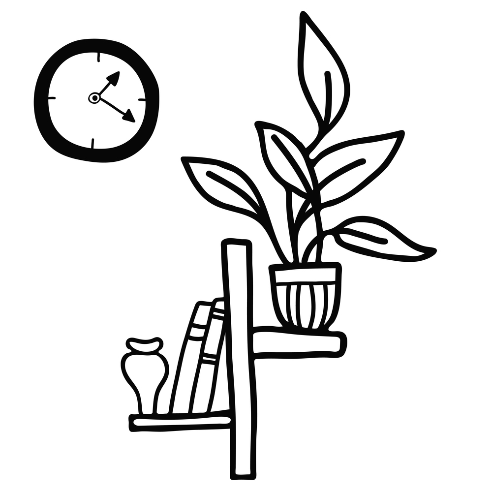 Hand drawn illustration Bookshelf with books and potted houseplant, vase and wall clock in doodle style. Vector illustration. Isolated outline graphic elements for design, decor, decoration and print