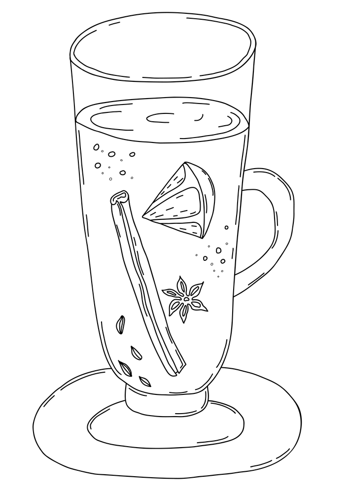 Christmas hot wine. outline, hand drawn mulled wine. Vector illustration Line drawing - cocktail glass with spicy wine, cinnamon, cardamom and slice of citrus orange