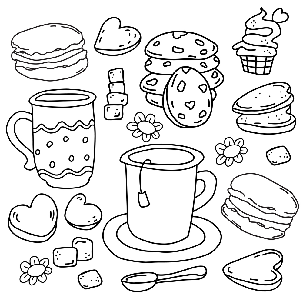 Set of desserts in style of handmade linear doodles. cup of tea, Macaroon cookies, almond and shortbread biscuits, muffin and refined sugar. Vector illustration. isolated outline drawing