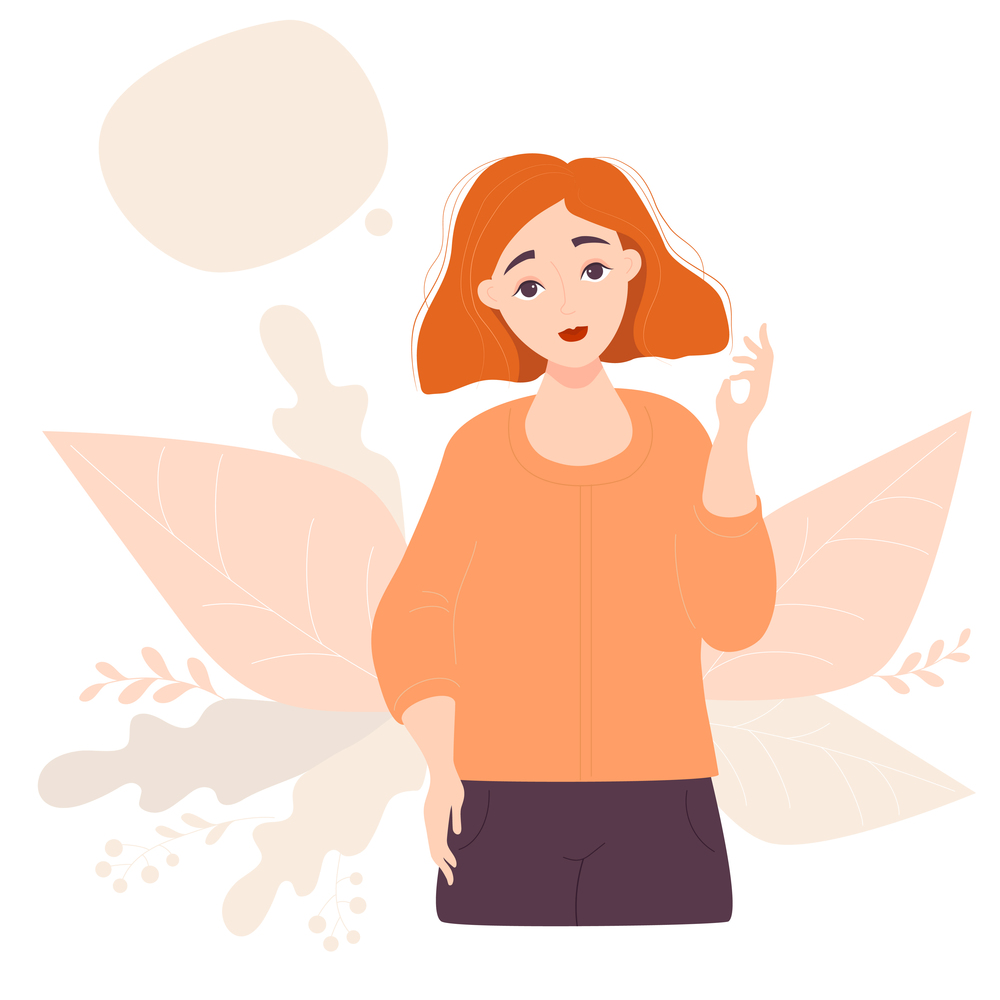 Beautiful red-haired girl with hairstyle hand gesture all right on the background of tropical leaves. Above it is block bubble for writing text. Vector illustration