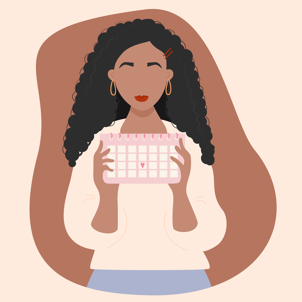 girl looking at calendar. Beautiful ethnic black girl holding a Female menstrual cycle calendar in her hands. Vector illustration
