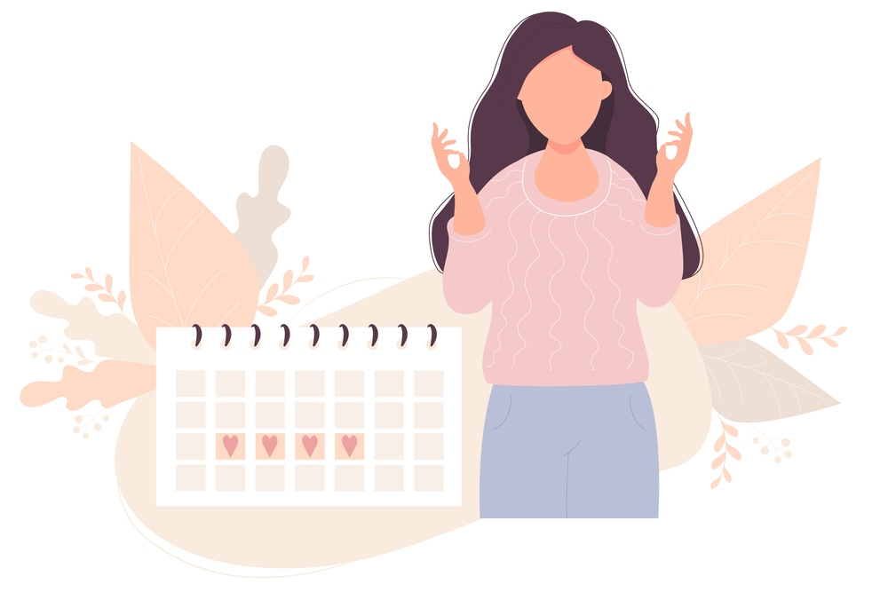girl looking at calendar. Beautiful Girl relaxes next to her menstruation calendar. Vector illustration. Concept menstruation girl And womens health