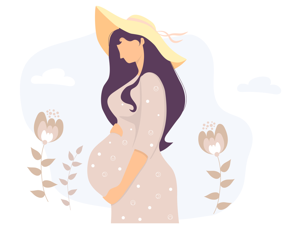 Happy pregnant girl on vacation in sun hat hugs her belly on a background of flowers. Vector illustration. Female health and pregnancy concept