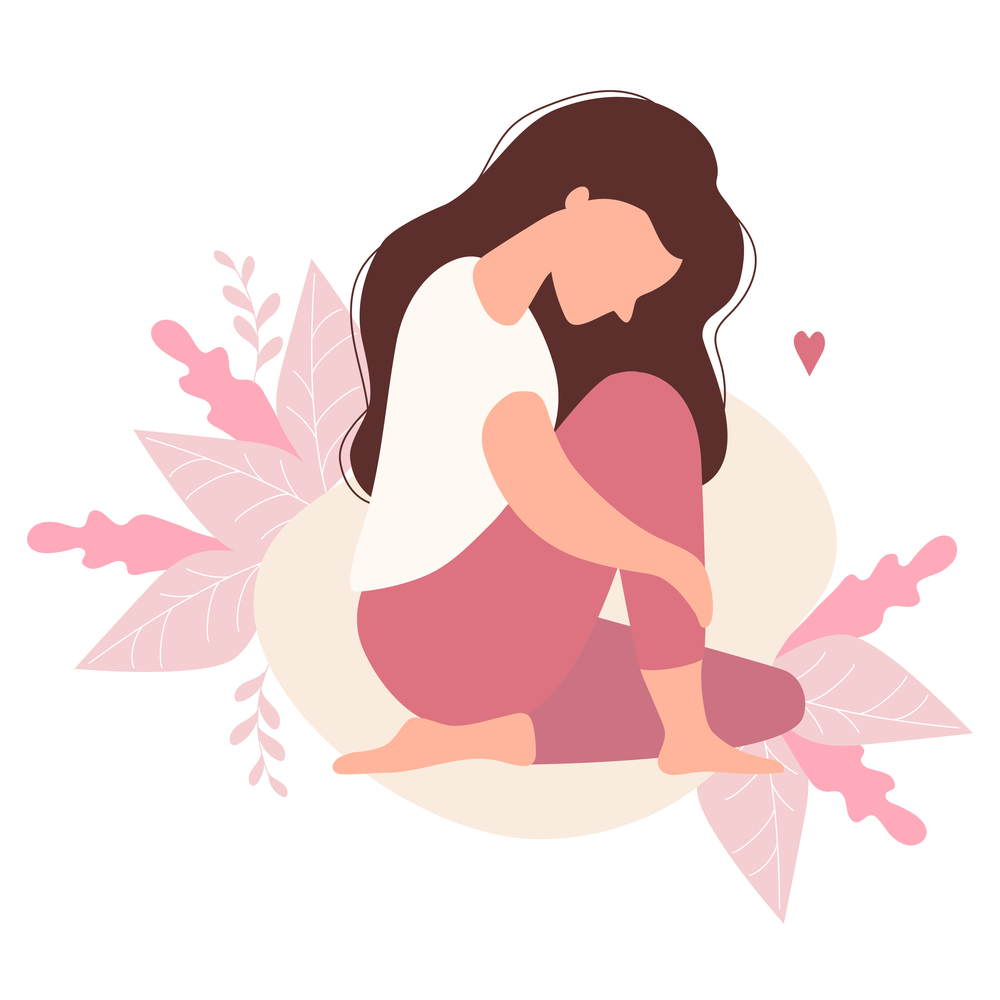 Beautiful modern sad girl with long hair sits hugging her leg on a decorative background with tropical leaves. Vector illustration. Character graphic for design and decoration.