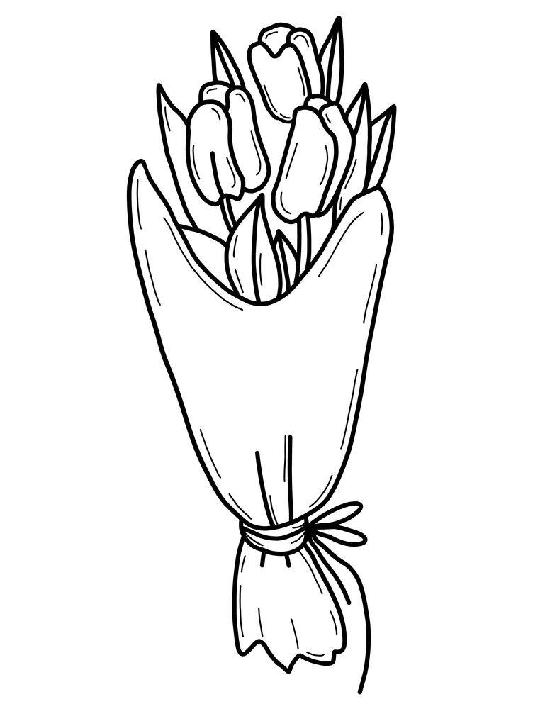 Beautiful spring Bouquet of tulips flowers. Vector illustration. Linear hand drawing
