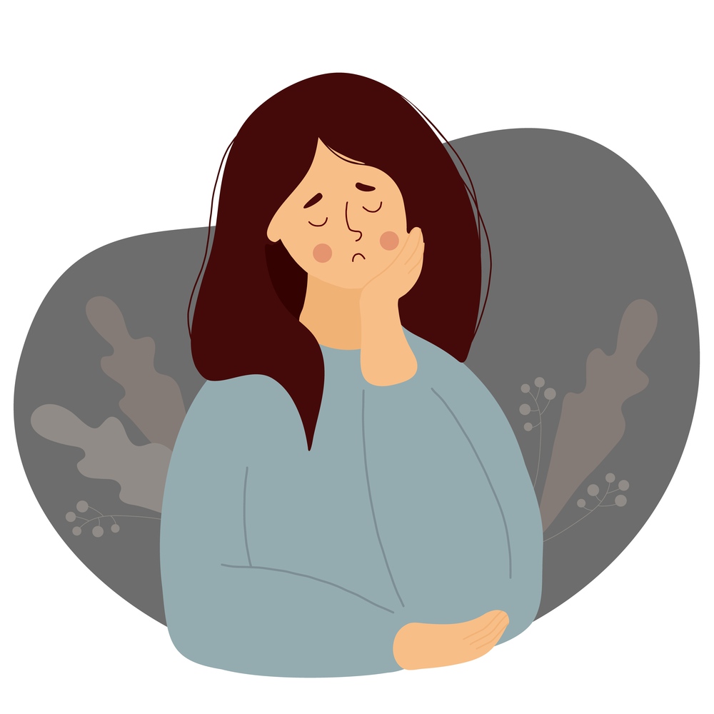 lonely girl is sad and crying. Vector illustration. Female character for concept of sad holiday and loneliness, emotion and depression