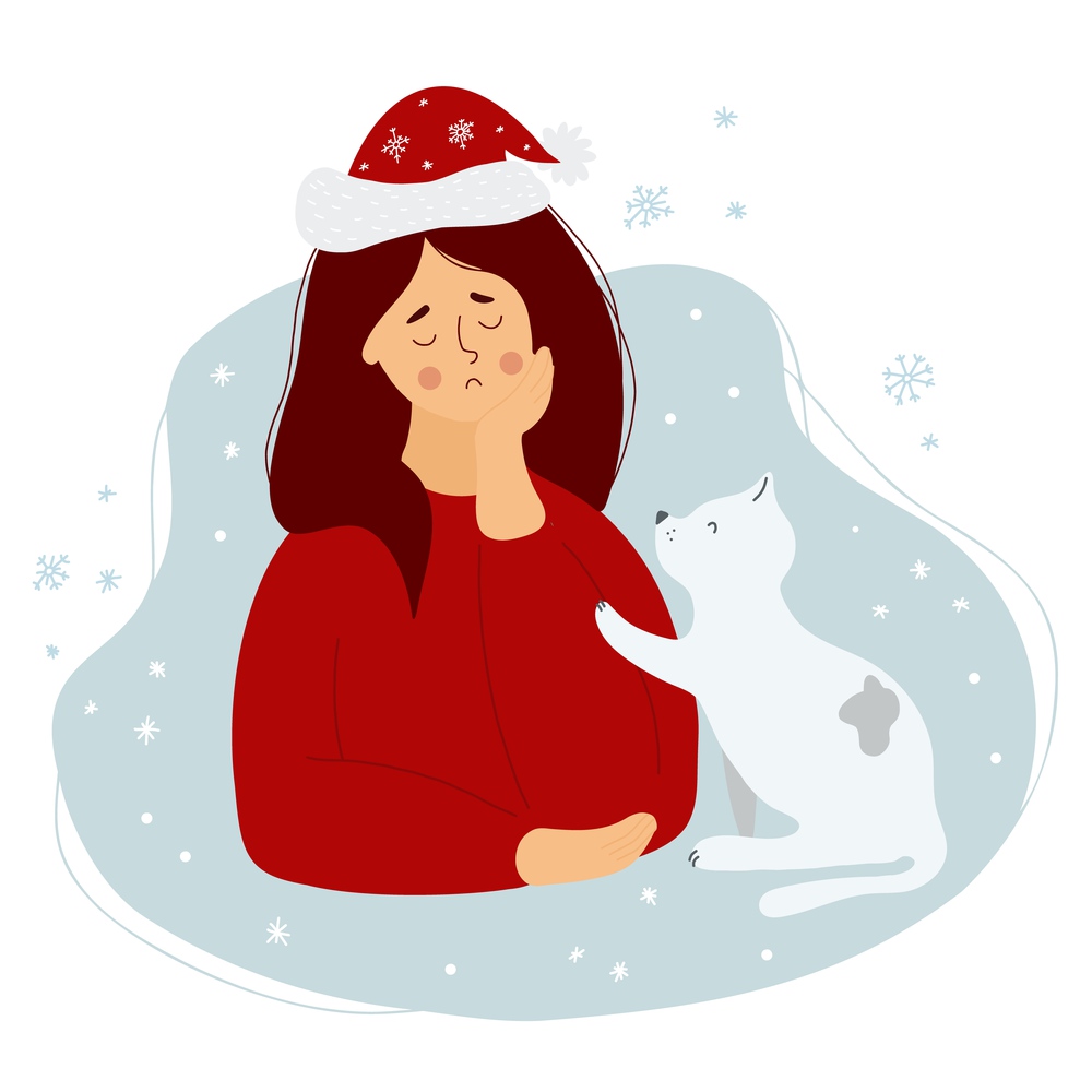 Sad Christmas. lonely girl in Santa Claus hat with cat. Vector illustration. Character for concept of sad holiday and loneliness