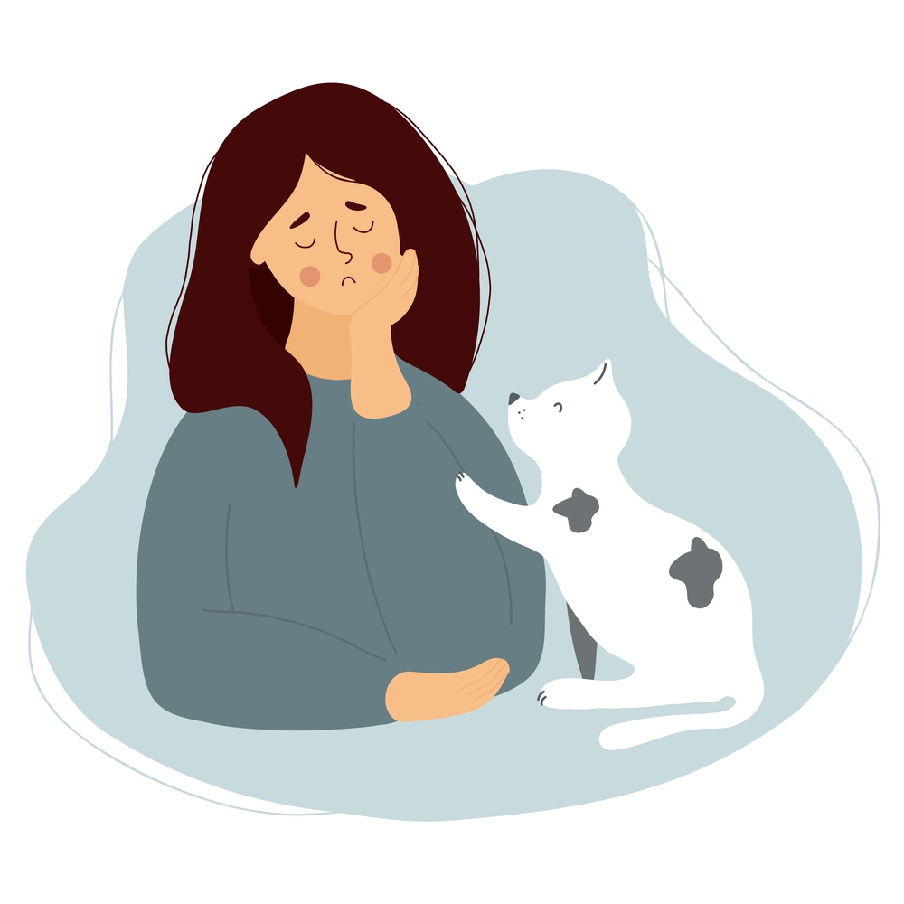 Sad lonely girl with cat. Vector illustration. female Character for concept of sad holiday and loneliness