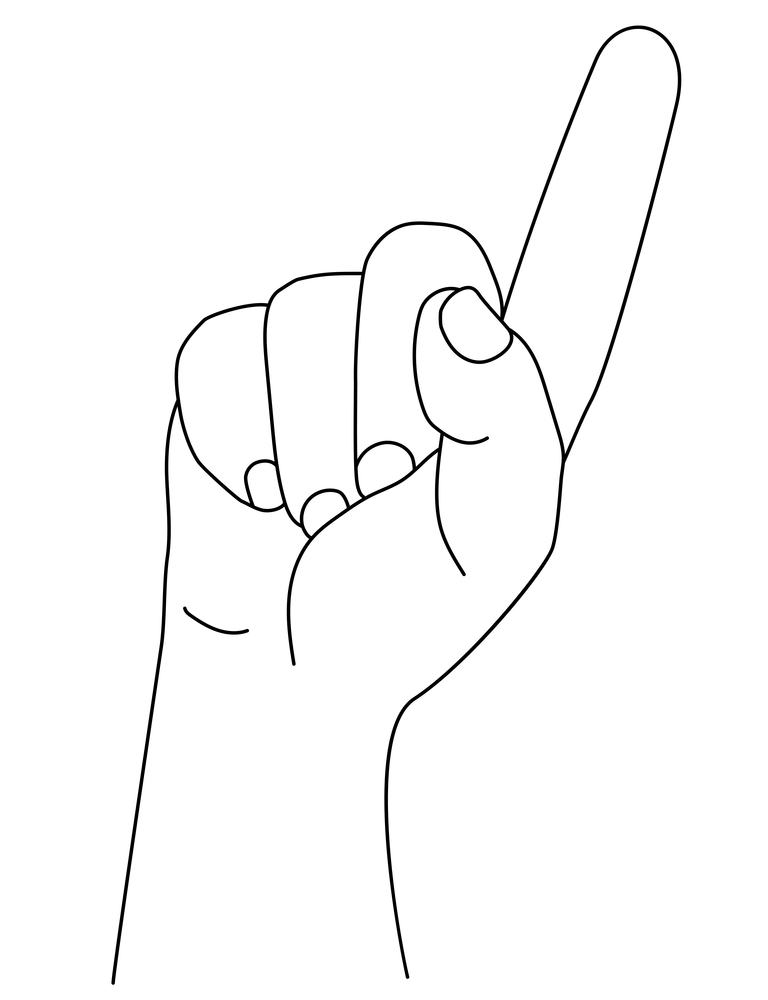 Hand gesture. The mans hand shows one index finger. gesture - Number oneor attention. Vector drawing, sketch, line