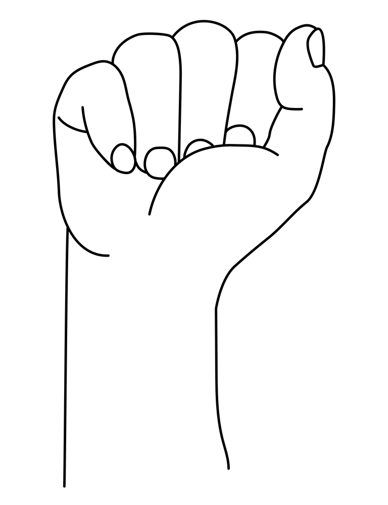 Hand gesture. Raised fist up or clenched fist. Vector illustration isolated on white background. Drawing, sketch, line