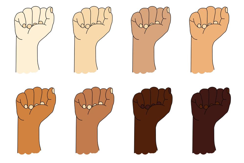 Collection of human ethnic hands with different skin color. Hand gesture. Raised fist or clenched fist. Vector illustration isolated on white background