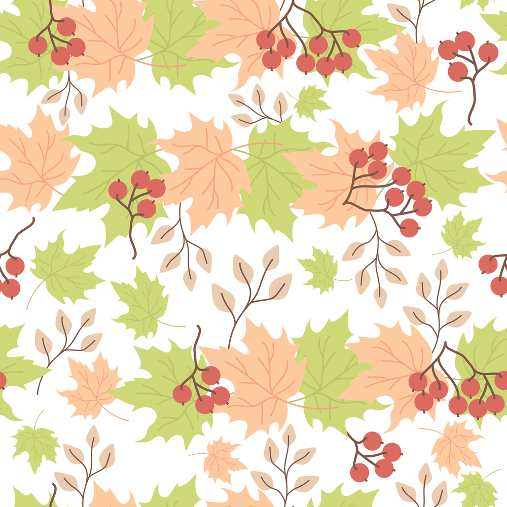 Seamless pattern. Autumn pattern of maple leaves, branches and red bunches of berries on a white background. Vector. For decor, design, wallpaper, textile, decor and print