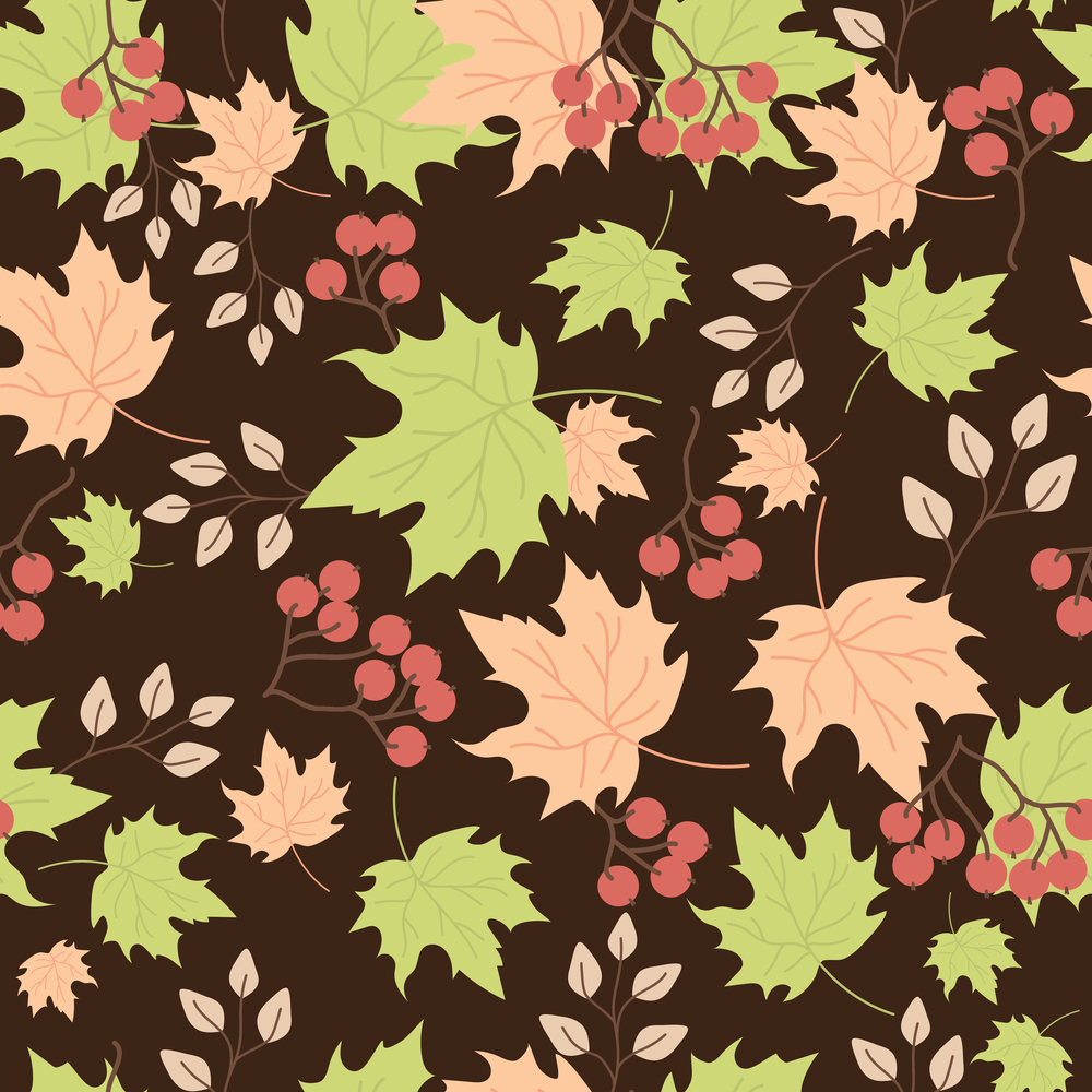 Seamless patterns. Autumn pattern of multicolored maple leaves, branches and red berries, rowan berries on a dark brown background. Vector illustration. For decor, design, wallpaper, textile and print