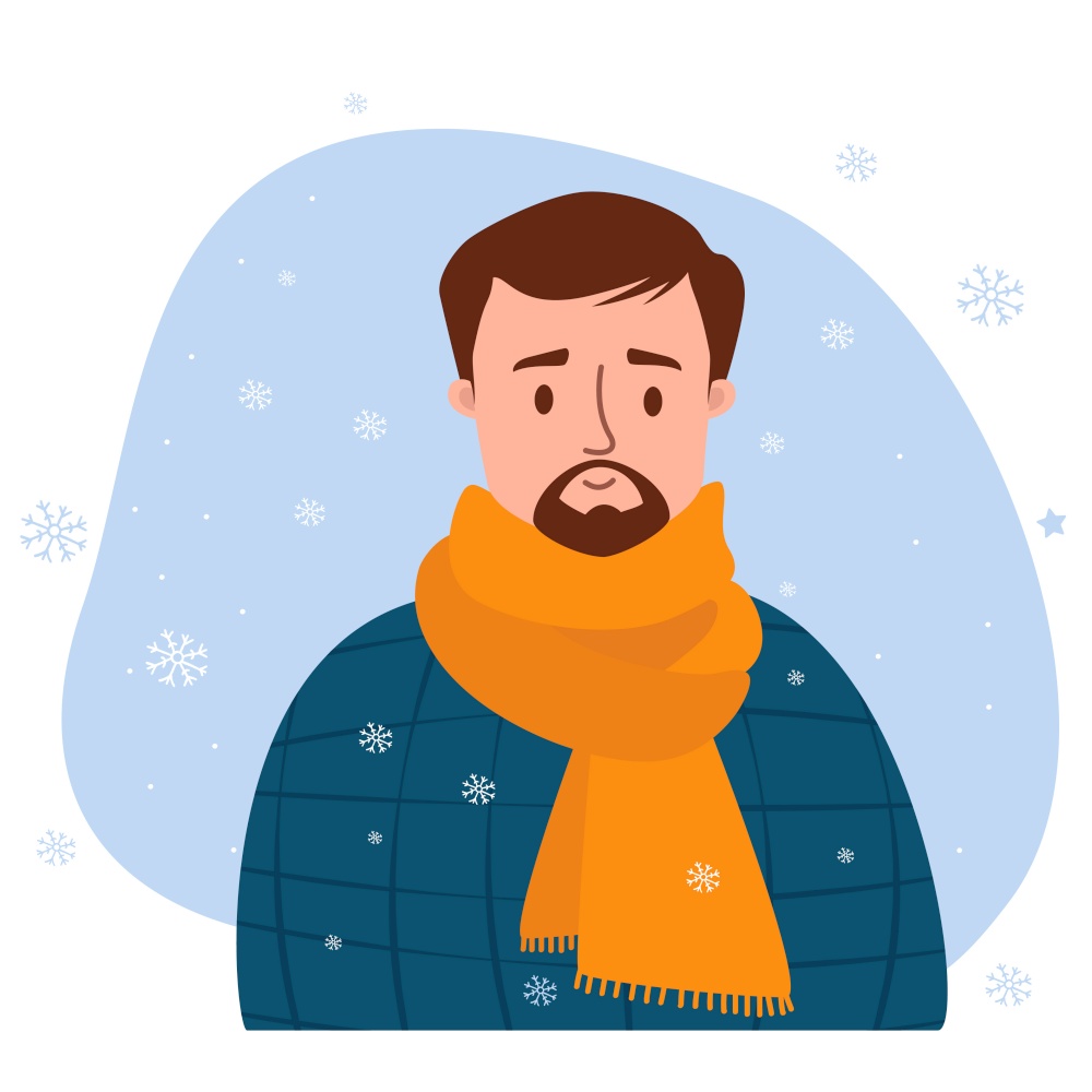 Winter Man with mustache and beard with scarf on background of snowflakes. Vector illustration. Character in flat style for design, decor, postcards and print