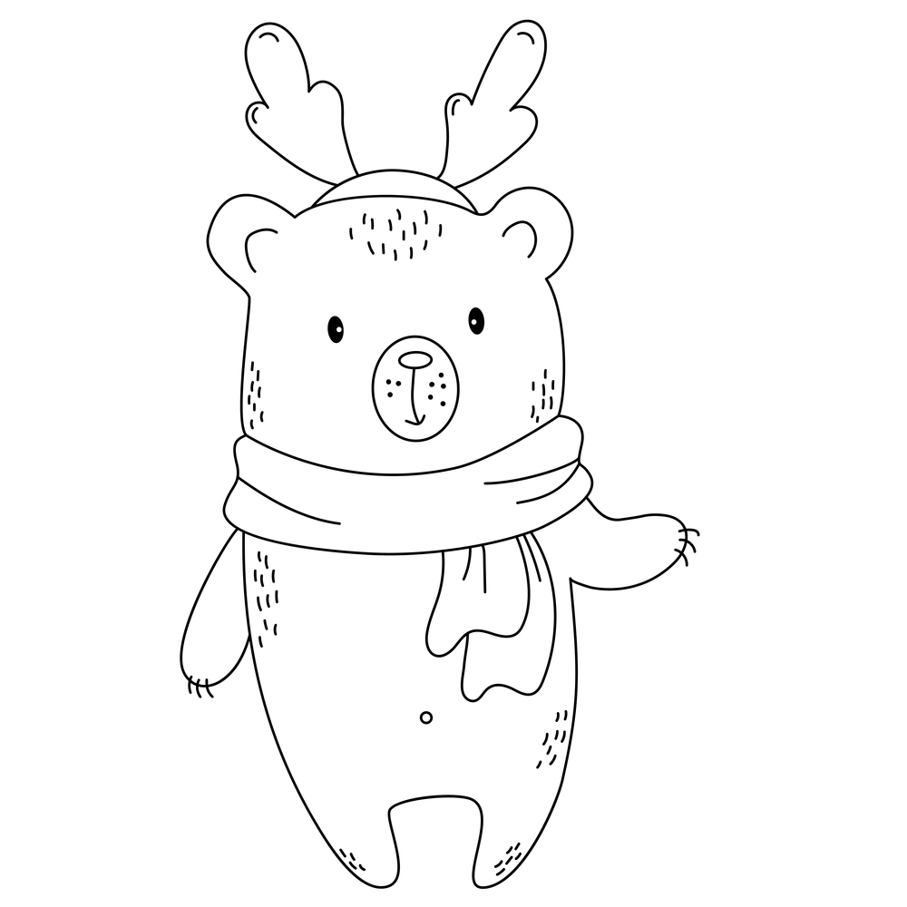 Teddy bear with deer horns. Christmas animal. outline. illustration