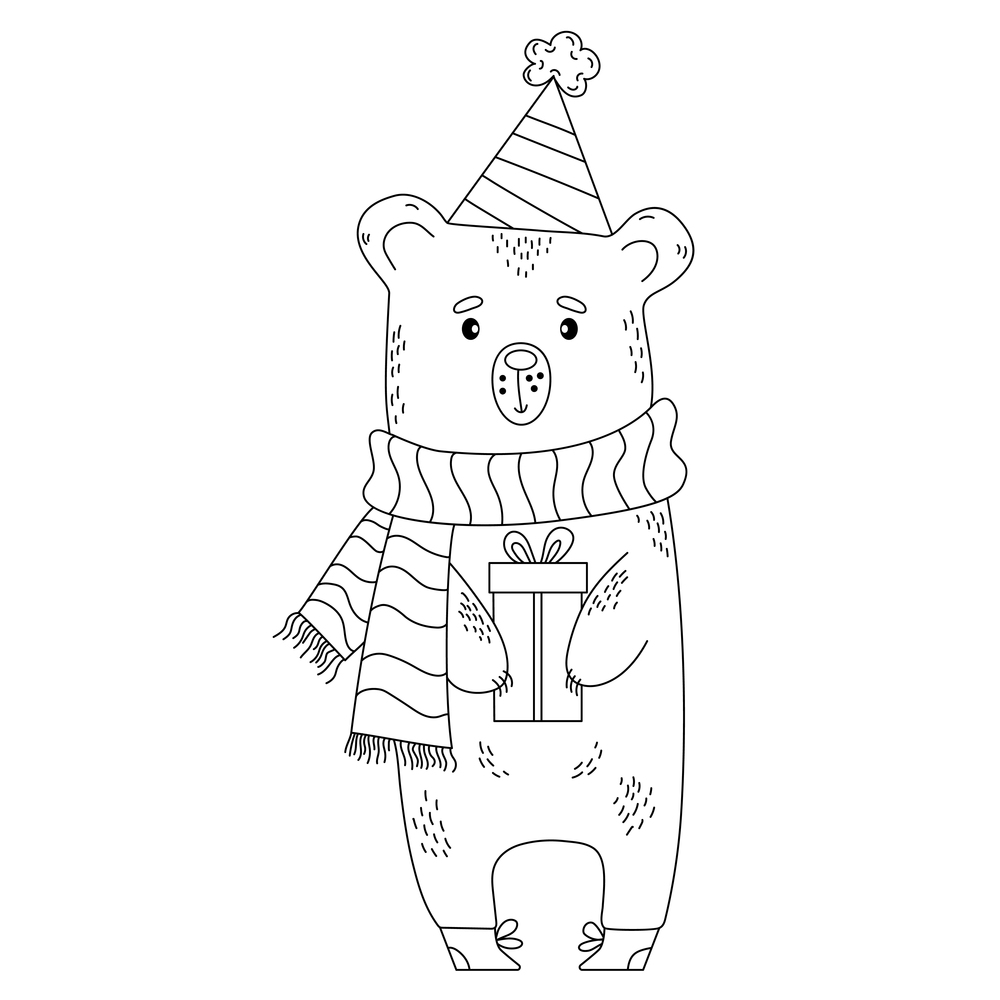 Cute bear with gift. outline. illustration
