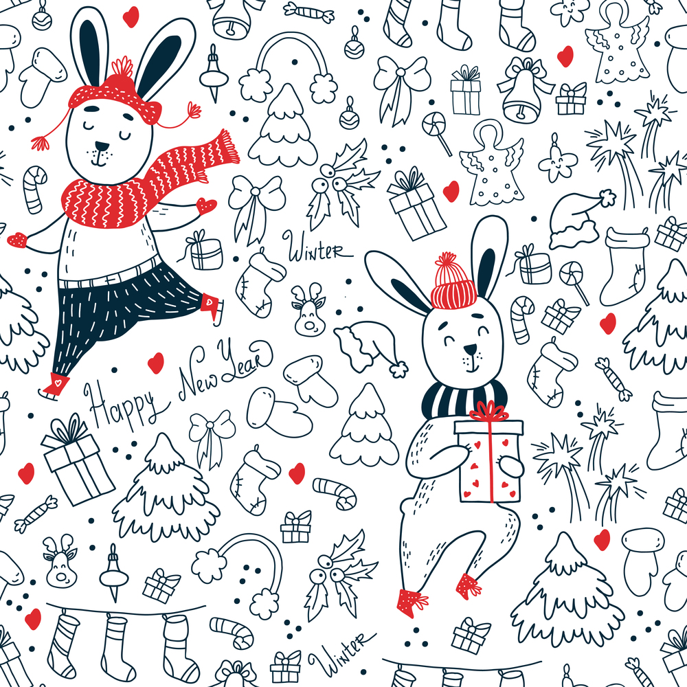 Christmas seamless pattern. Cute hares  on white background with New Years Linear decor