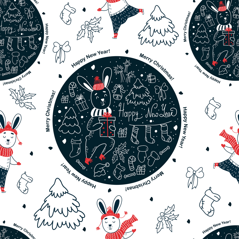 seamless pattern. Christmas Cute hares in winter clothes on white background