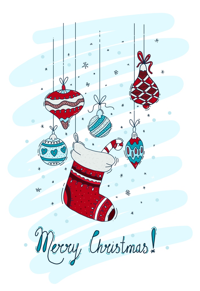 Vertical greeting card Merry Christmas. Christmas sock with striped candy cane and Christmas balls on decorative background with snowflakes. Vector illustration