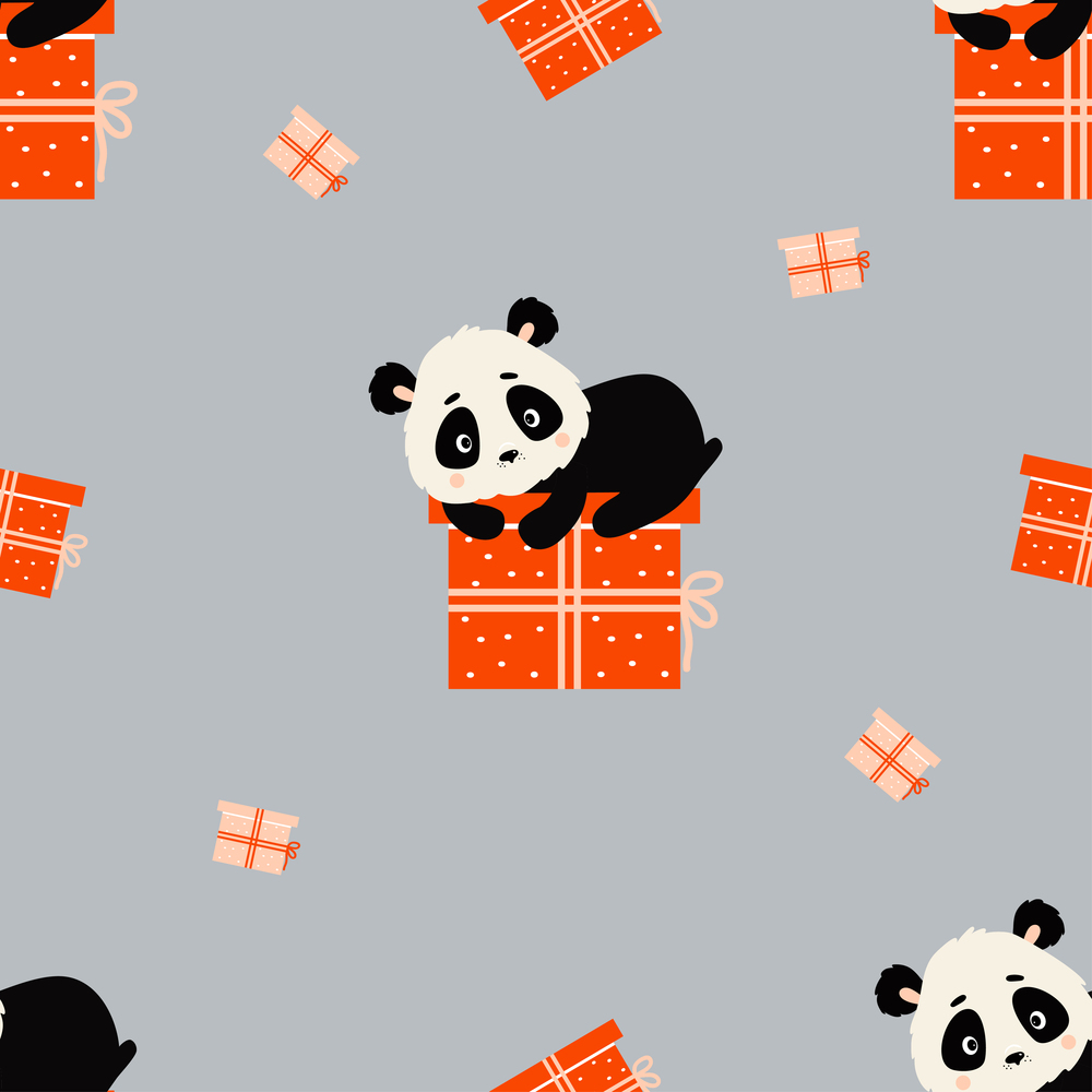 Seamless pattern. Cute panda lies on large gift on light gray background with boxes. Vector illustration. Children collection for design, decor, packaging, wallpaper, textiles