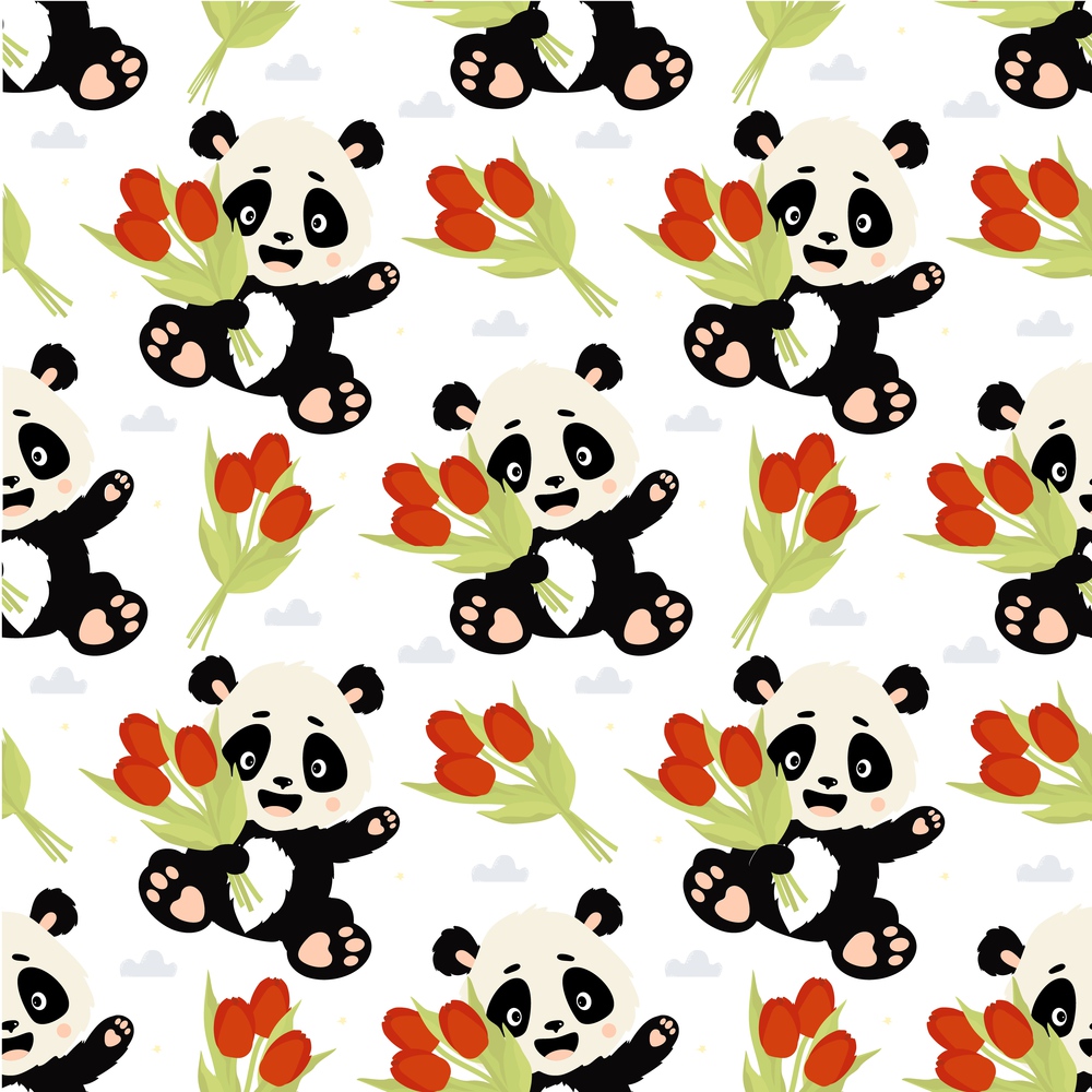 Seamless pattern. Cute panda character sits with bouquet of tulip flowers on white background. Vector illustration. Kids collection for design, decor, packaging, wallpaper, textiles