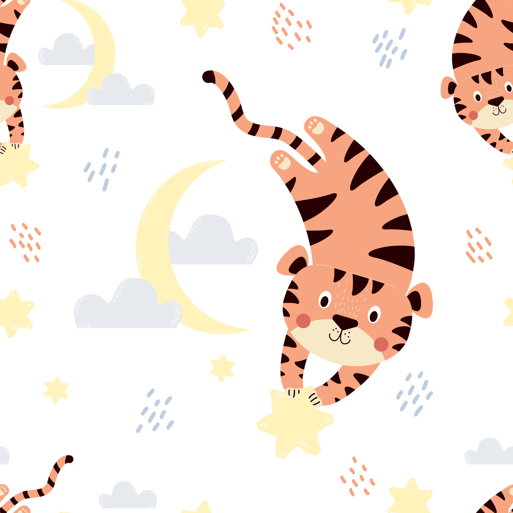 Seamless pattern with cute tiger in the sky. Cute animal with a star on white background with clouds and the moon. Vector. Childrens collection for textiles. print, decoration, packaging